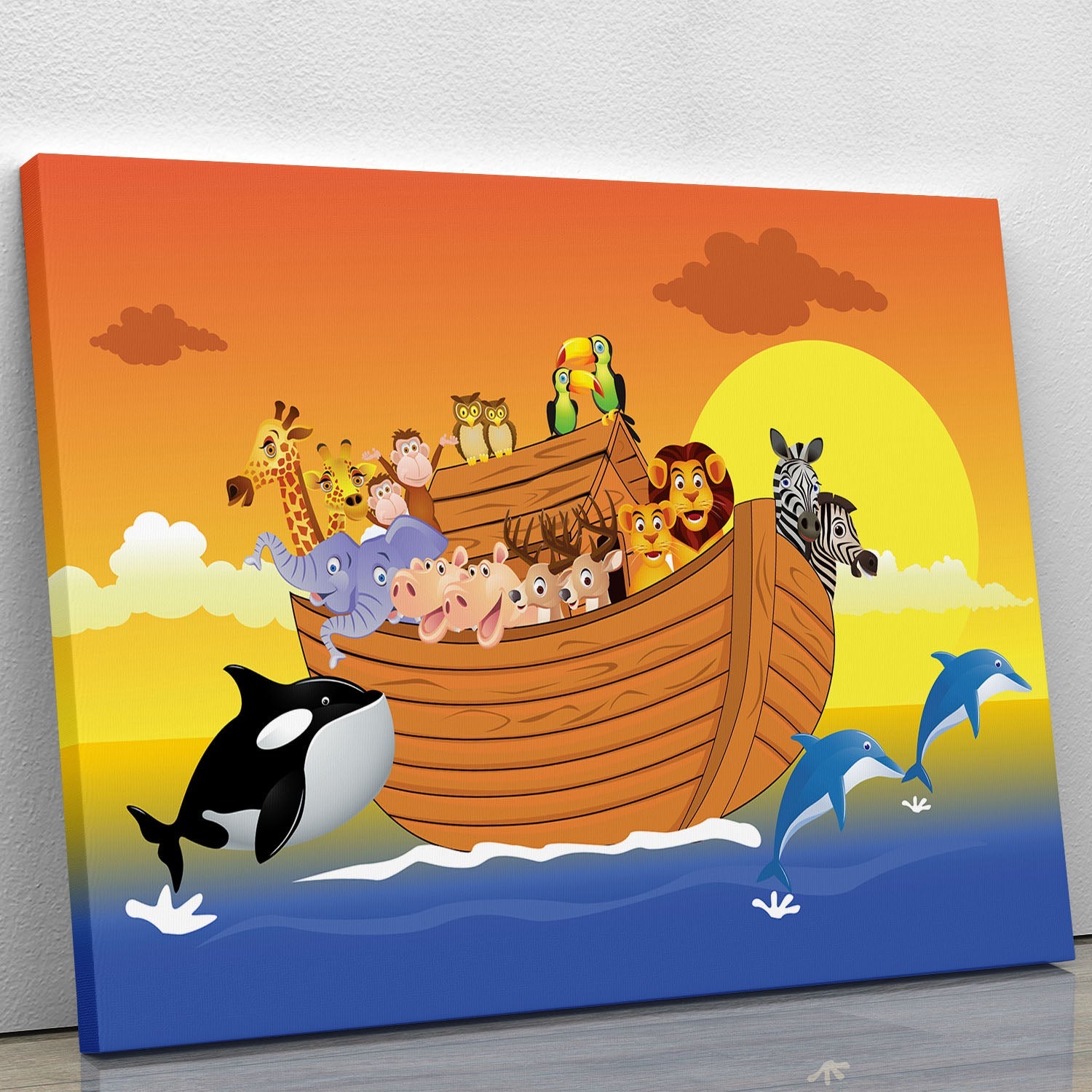 A beautiful canvas print featuring a whale from Noah's Ark, showcasing vibrant colors and intricate details, perfect for home decor.