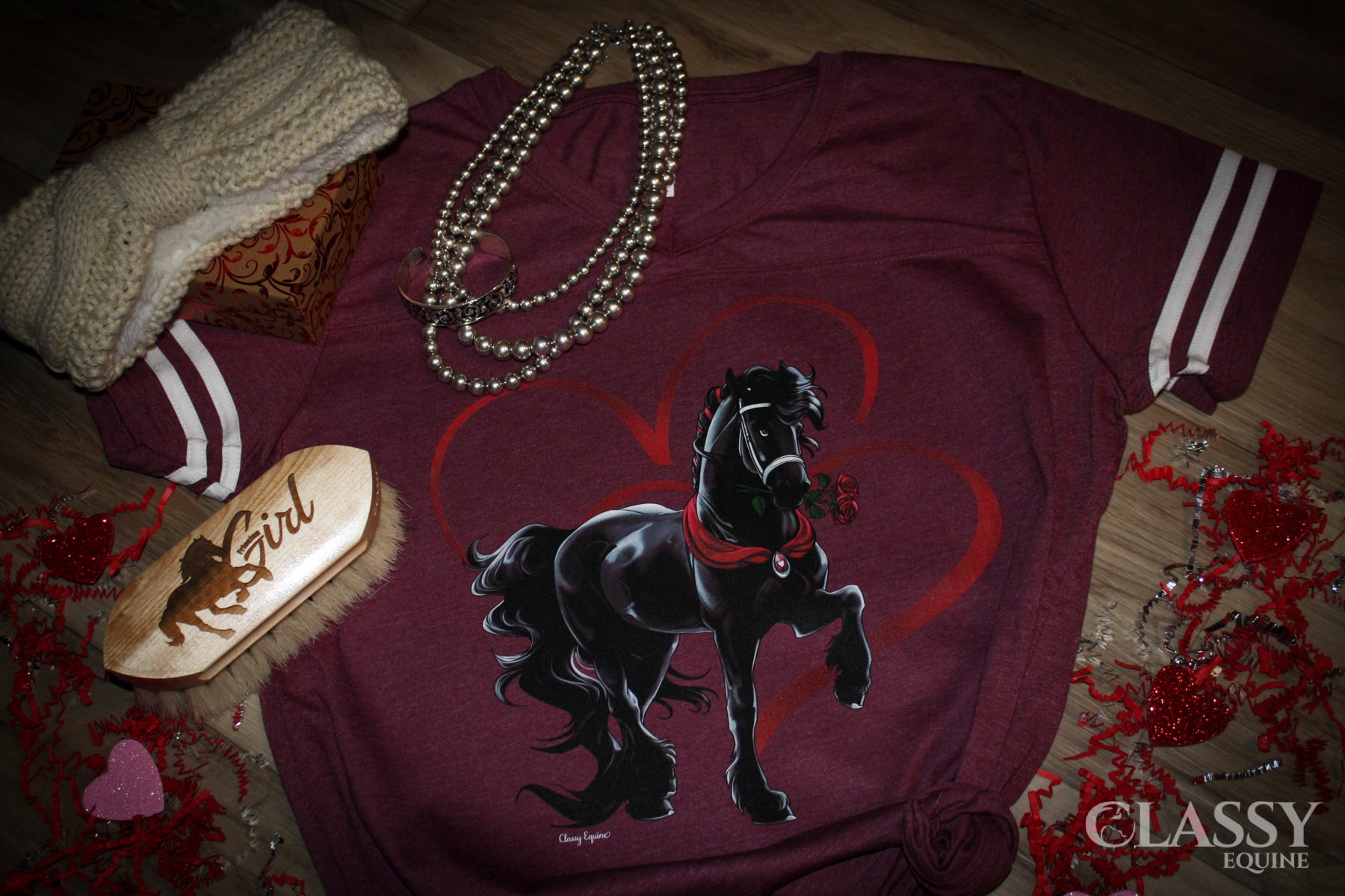 Noble Friesian Rose Striped Sleeve V-Neck Tee in burgundy with white stripes, showcasing a stylish and comfortable design.