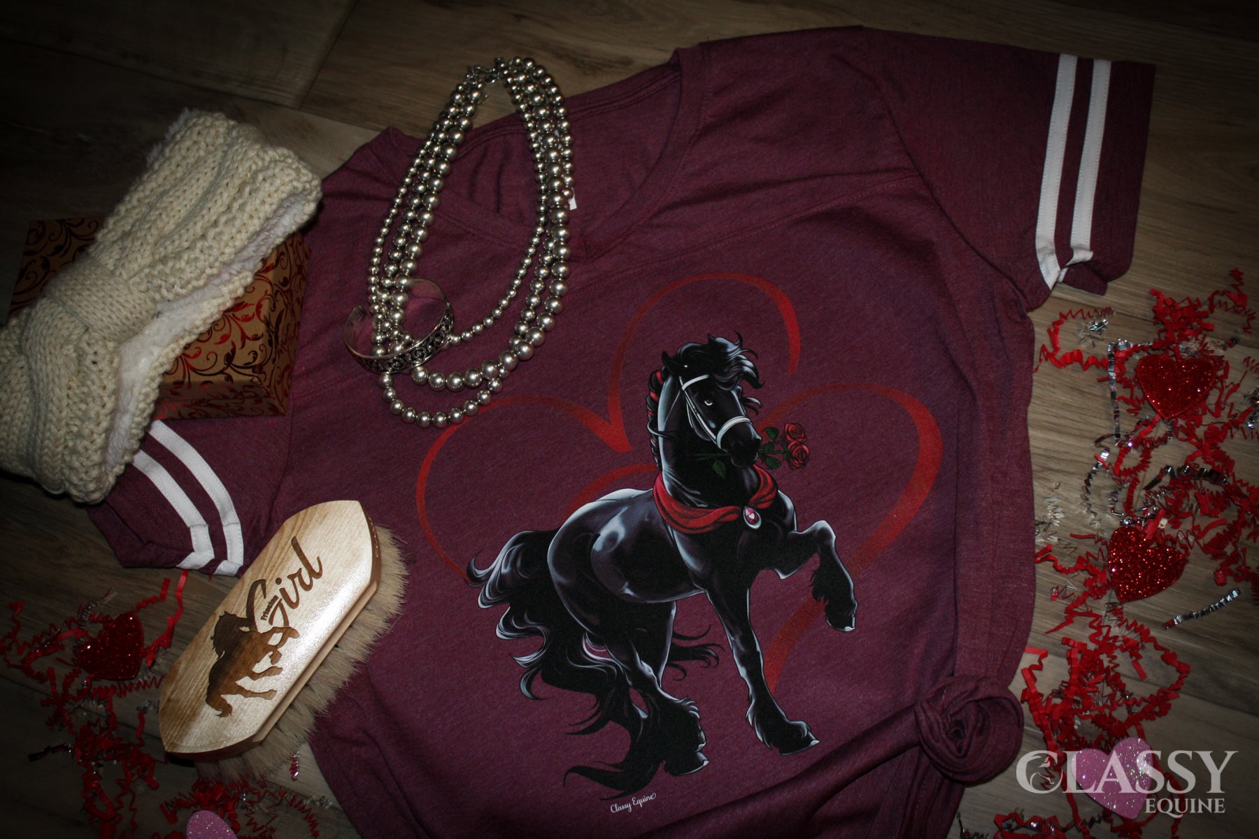 Noble Friesian Rose Striped Sleeve V-Neck Tee in burgundy with white stripes, showcasing a stylish and comfortable design.