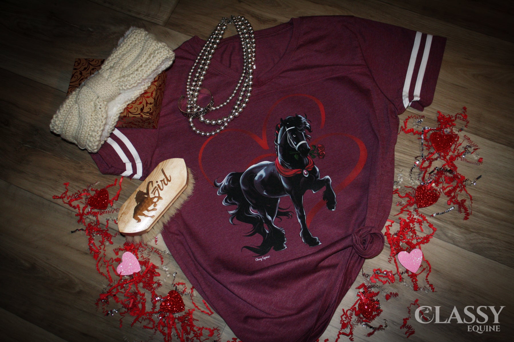 Noble Friesian Rose Striped Sleeve V-Neck Tee in burgundy with white stripes, showcasing a stylish and comfortable design.