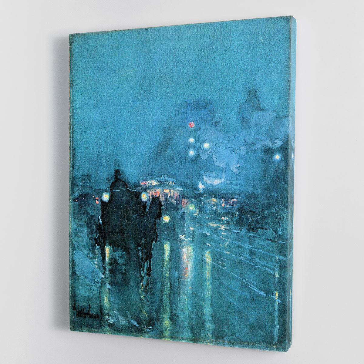 Nocturne Railway Crossing Chicago canvas print by Hassam, showcasing a vibrant urban railway scene at night.