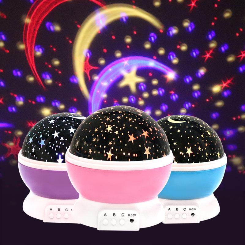A round LED night light projector displaying a starry sky in vibrant colors, perfect for creating a romantic atmosphere.