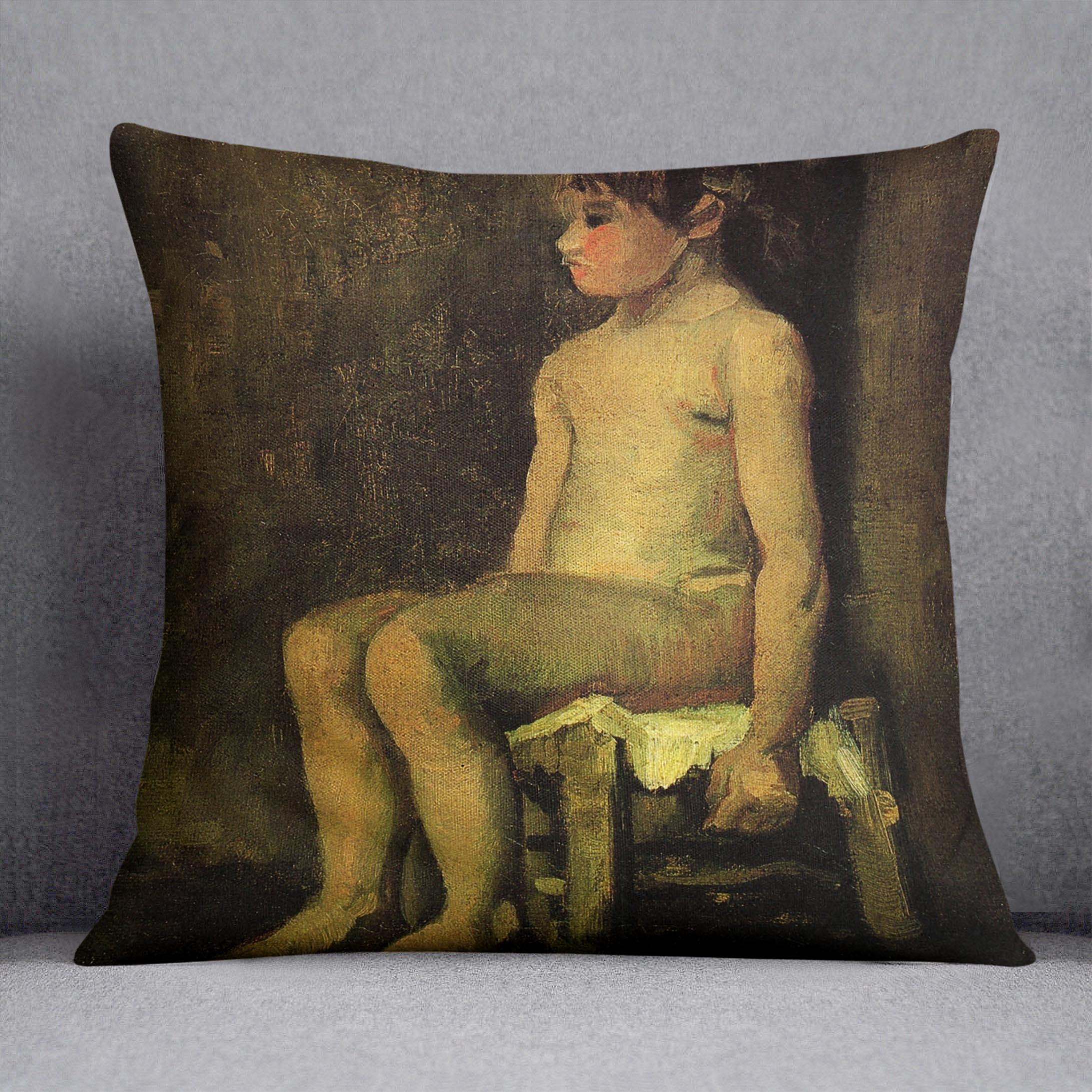 A vibrant cushion featuring Van Gogh's Nude Study of a Little Girl Seated, made from luxurious vegan faux suede.