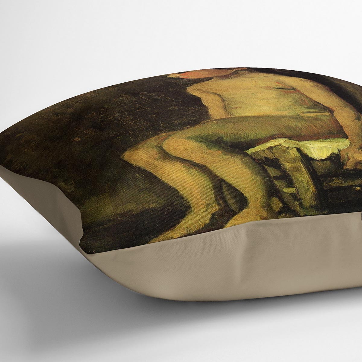 A vibrant cushion featuring Van Gogh's Nude Study of a Little Girl Seated, made from luxurious vegan faux suede.
