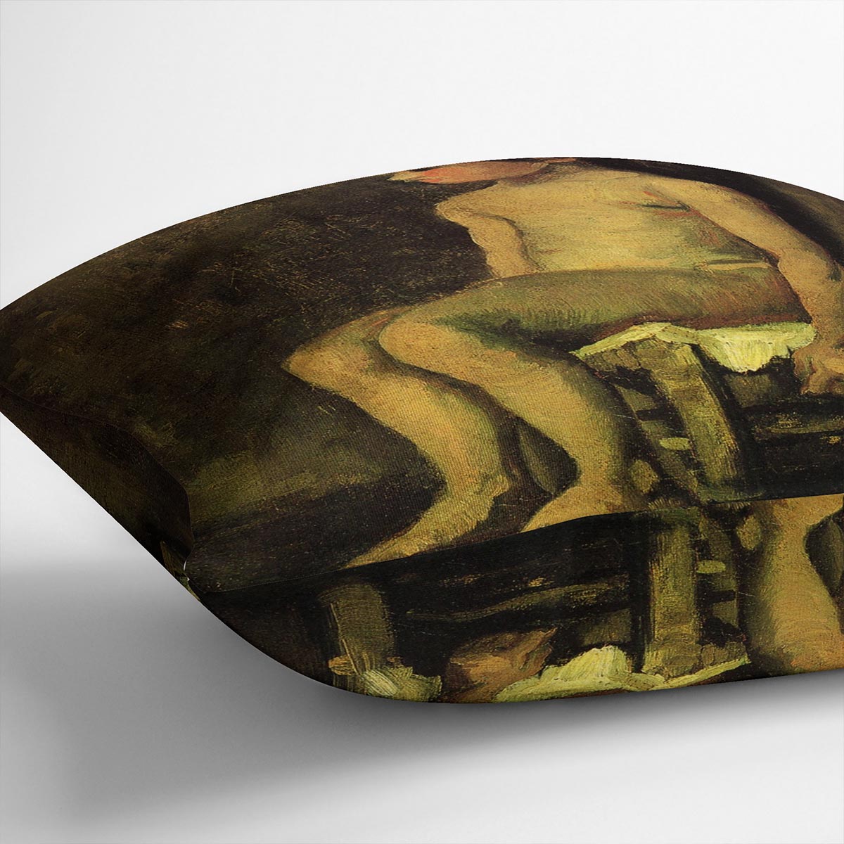 A vibrant cushion featuring Van Gogh's Nude Study of a Little Girl Seated, made from luxurious vegan faux suede.