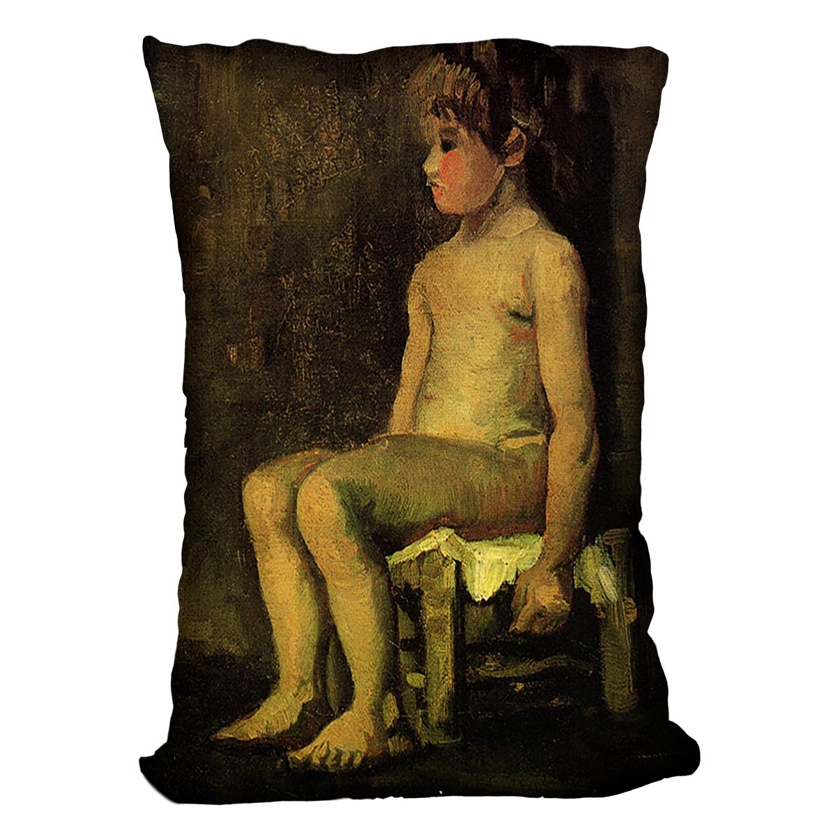 A vibrant cushion featuring Van Gogh's Nude Study of a Little Girl Seated, made from luxurious vegan faux suede.