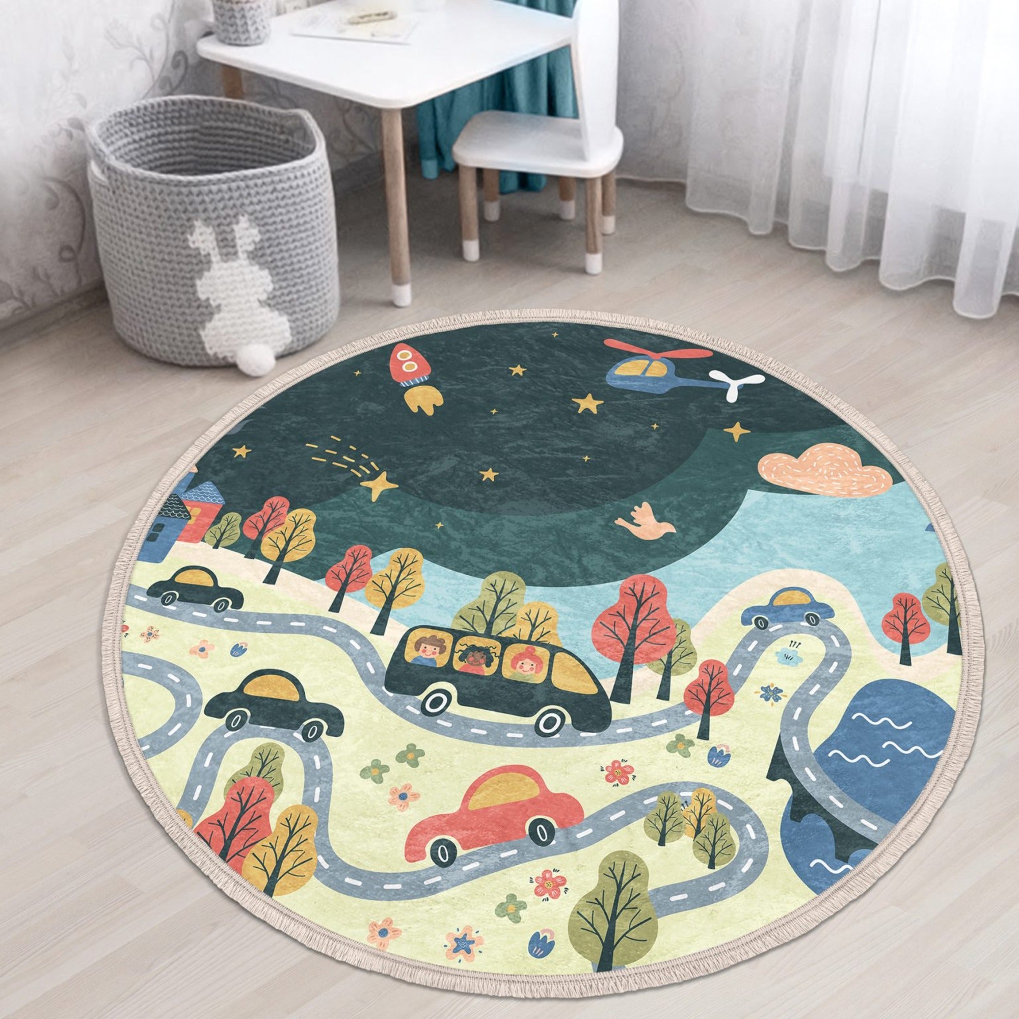 Nursery Room Round Rug featuring a colorful car print, designed for kids' rooms with a nonslip backing for safety.