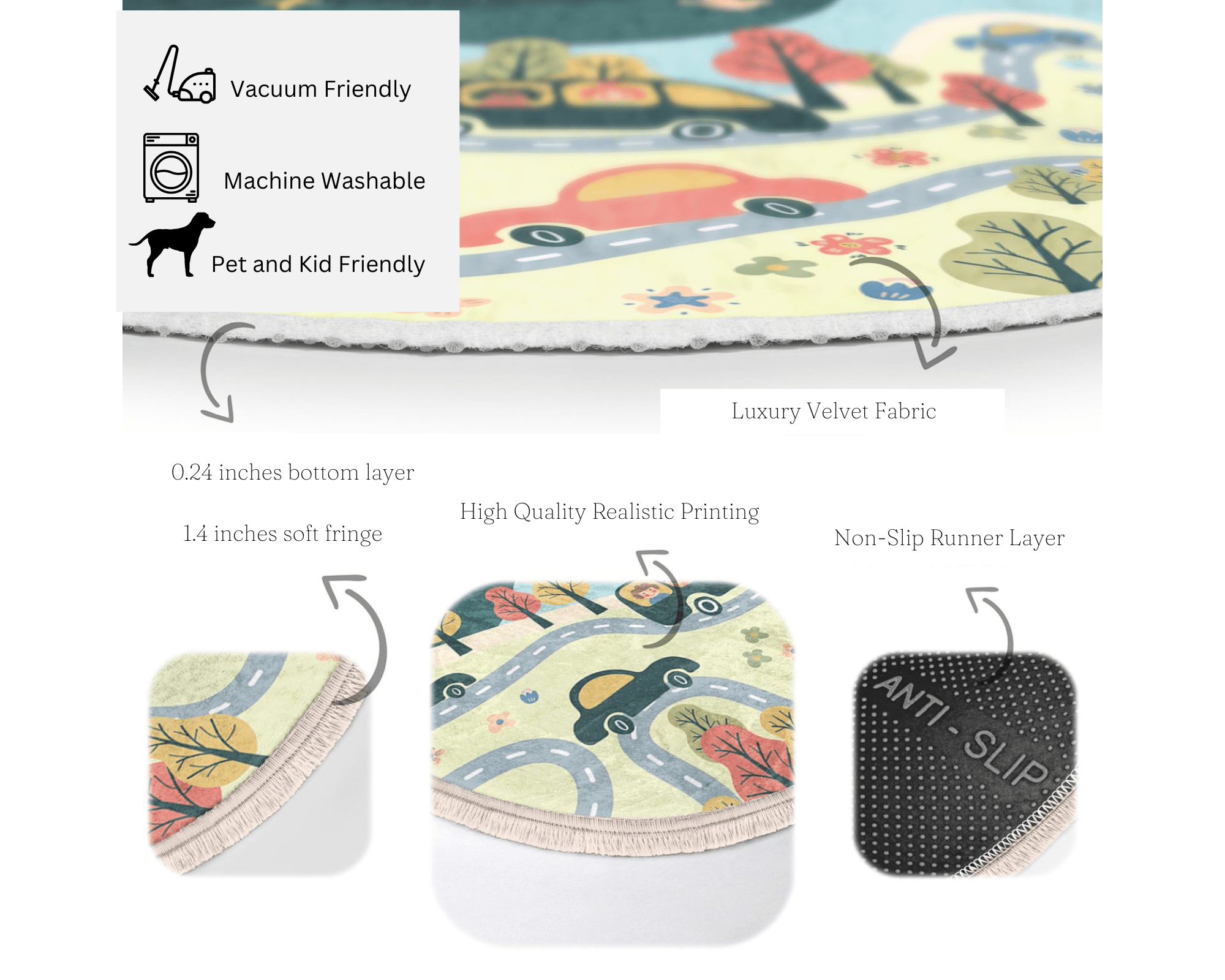 Nursery Room Round Rug featuring a colorful car print, designed for kids' rooms with a nonslip backing for safety.