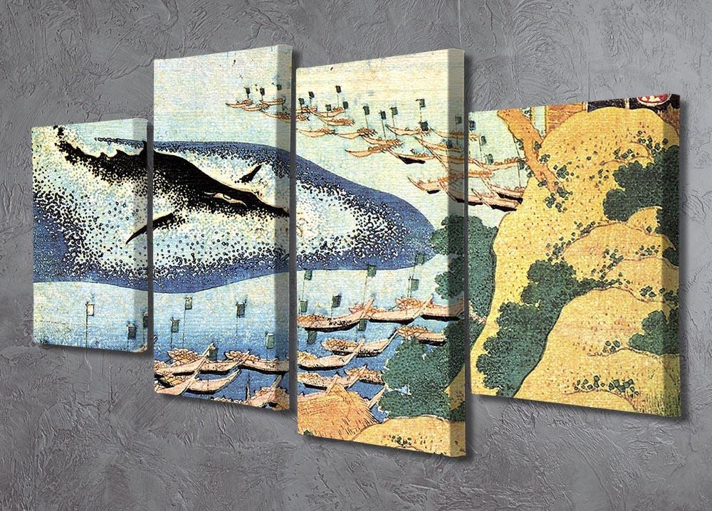 A beautiful 4-split canvas artwork featuring Hokusai's ocean landscape and whale, showcasing vibrant colors and intricate details.