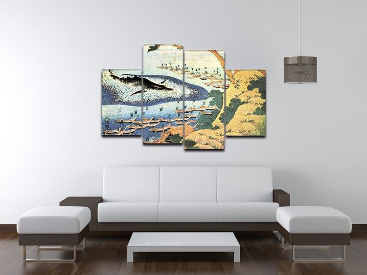 A beautiful 4-split canvas artwork featuring Hokusai's ocean landscape and whale, showcasing vibrant colors and intricate details.