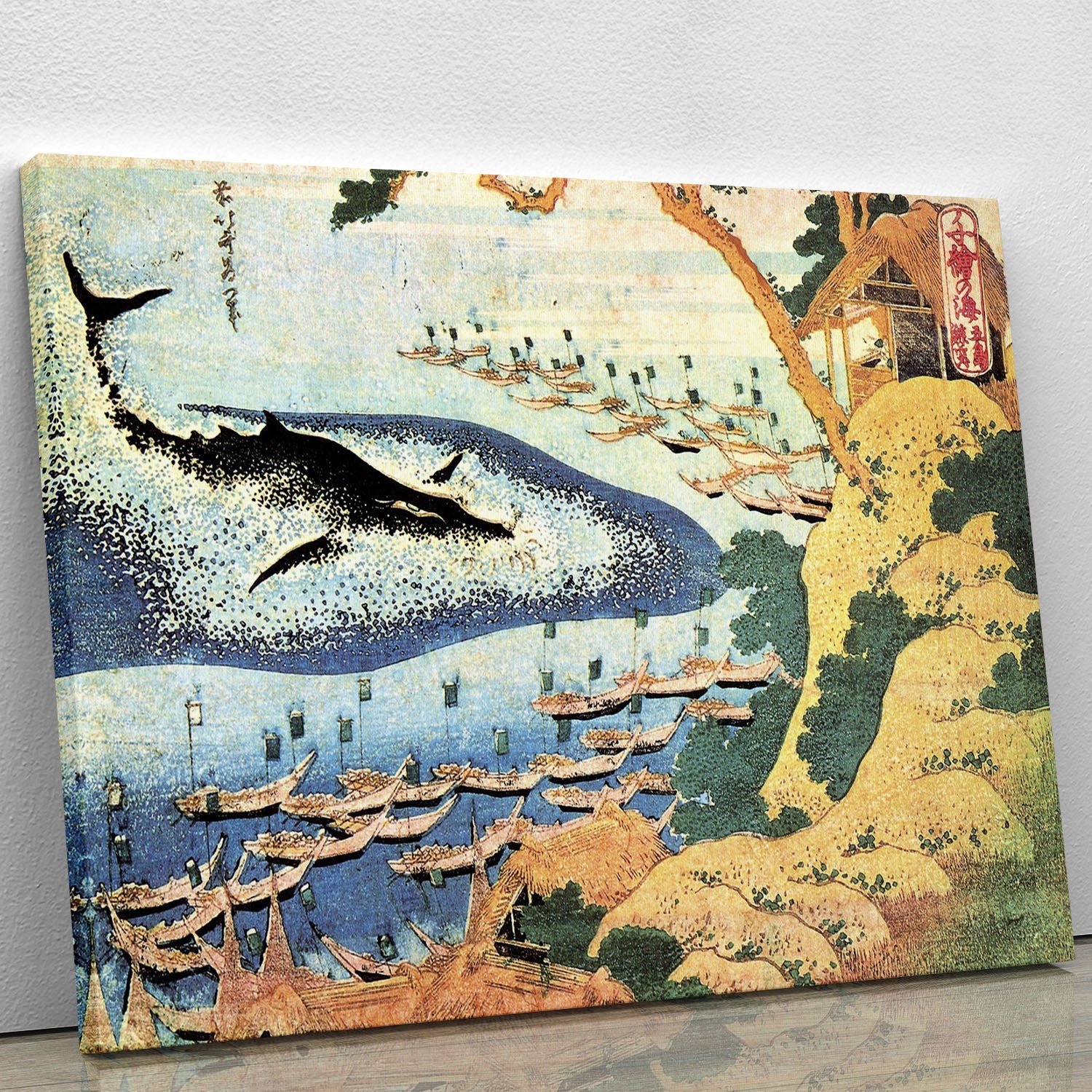 Canvas print of Hokusai's Ocean landscape featuring a whale, showcasing vibrant colors and intricate details.