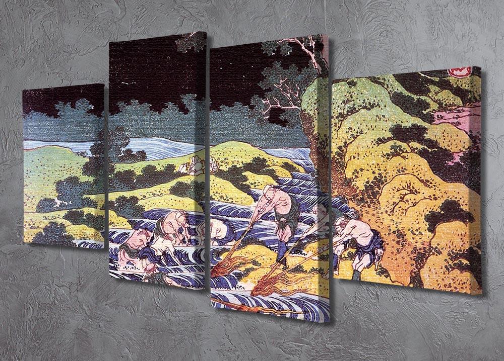 A beautiful 4-split canvas artwork depicting Hokusai's ocean landscape, showcasing vibrant blues and greens.