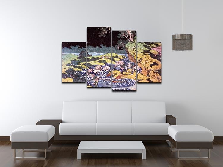 A beautiful 4-split canvas artwork depicting Hokusai's ocean landscape, showcasing vibrant blues and greens.