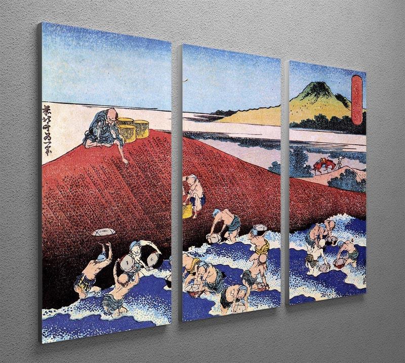Three-panel canvas print featuring Hokusai's ocean landscape with fishermen, showcasing vibrant colors and intricate details.