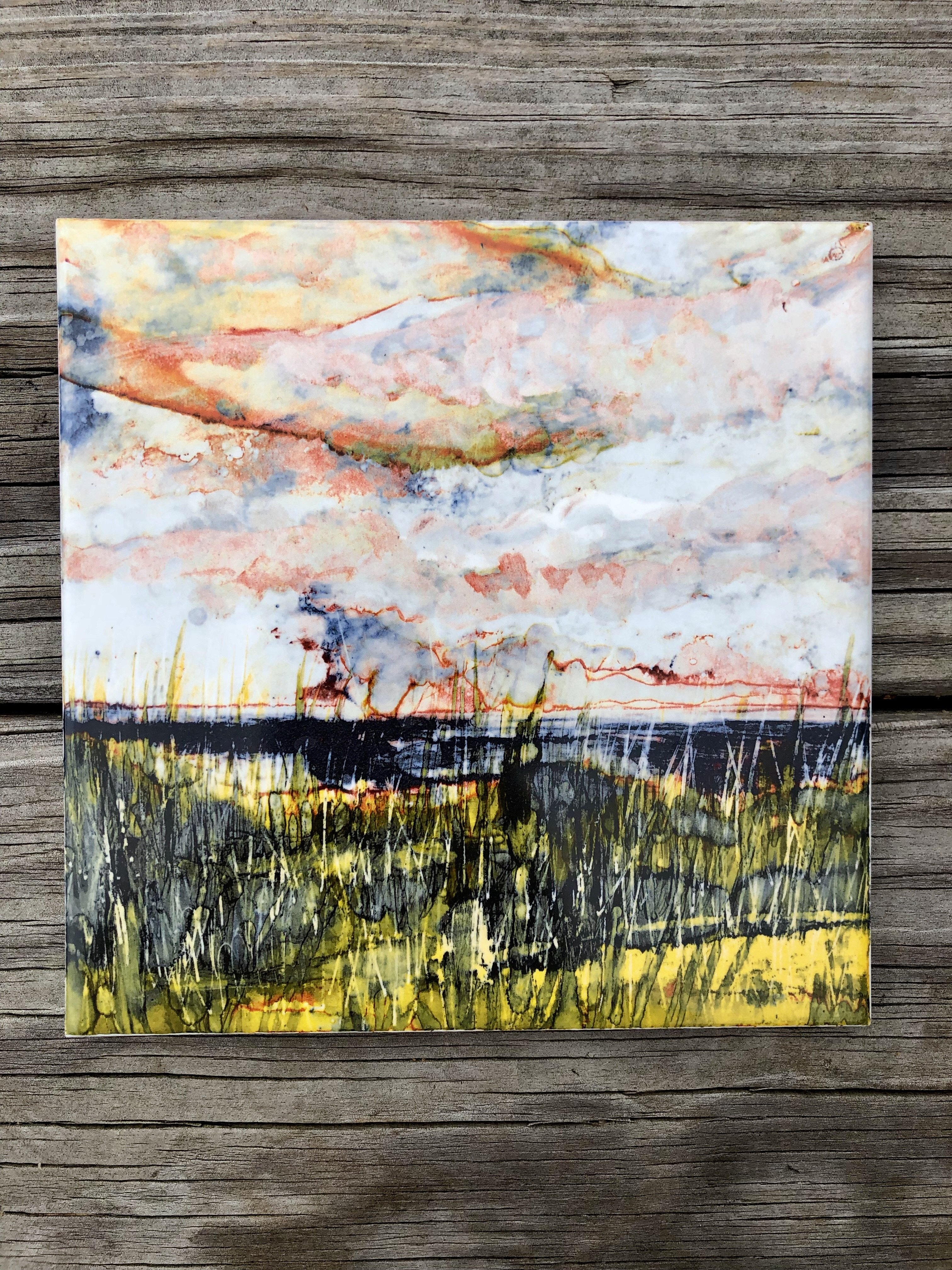 Ocean Storm Ceramic Tile featuring a vibrant ocean design, suitable for indoor and outdoor use, showcasing a shiny finish and smooth texture.