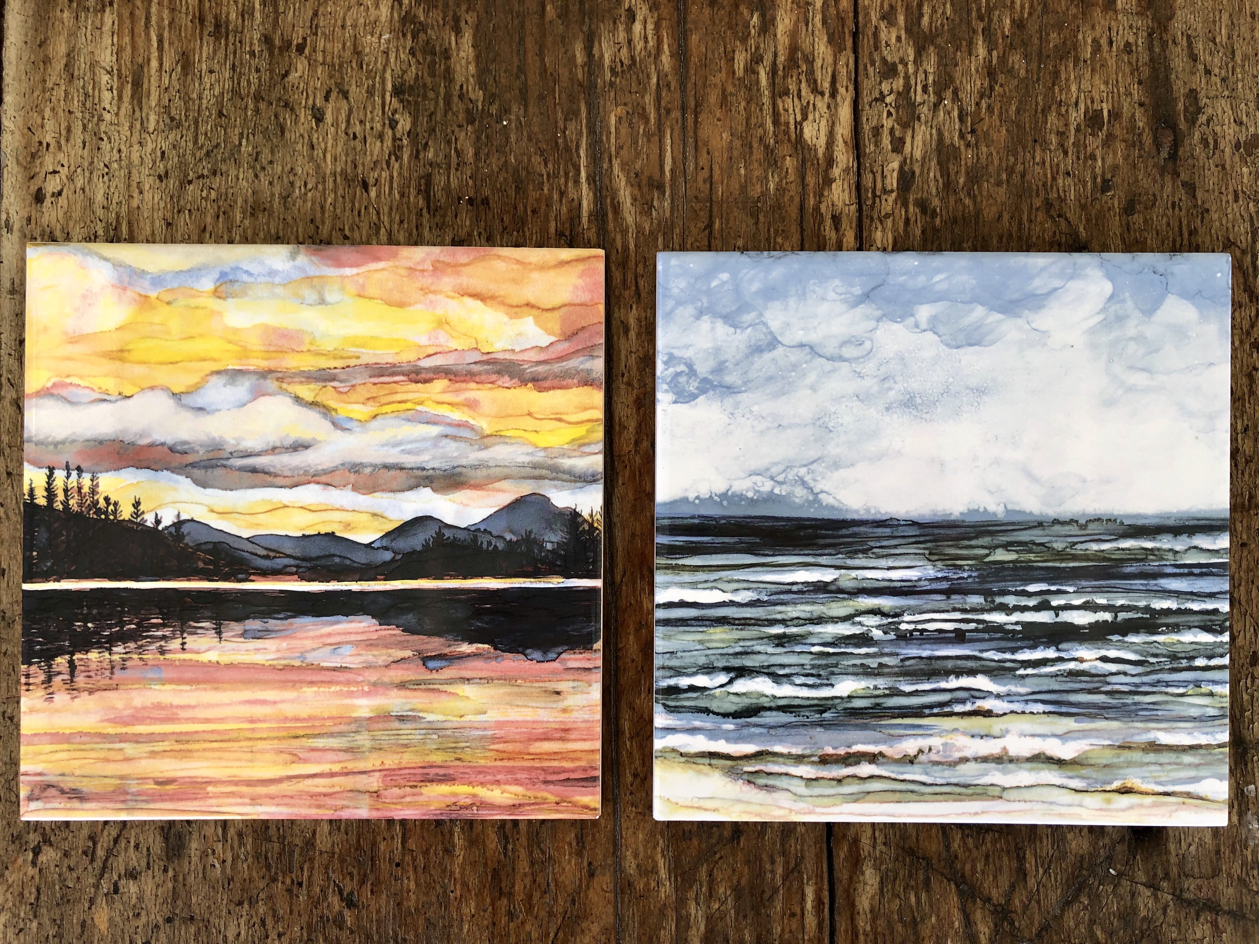 Ocean Storm Ceramic Tile featuring a vibrant ocean design, suitable for indoor and outdoor use, showcasing a shiny finish and smooth texture.