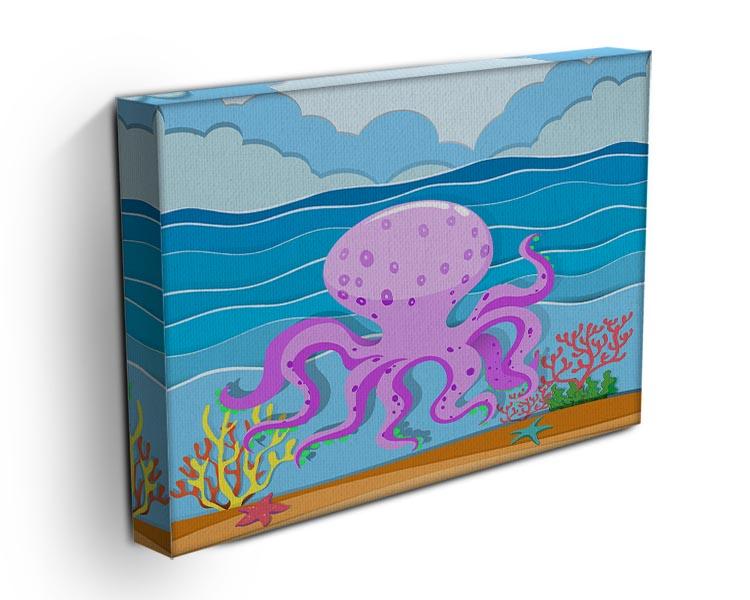 A vibrant canvas print featuring an octopus swimming in the ocean, showcasing intricate details and colors.