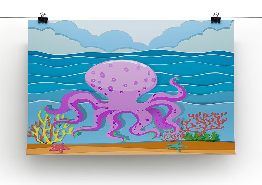 A vibrant canvas print featuring an octopus swimming in the ocean, showcasing intricate details and colors.