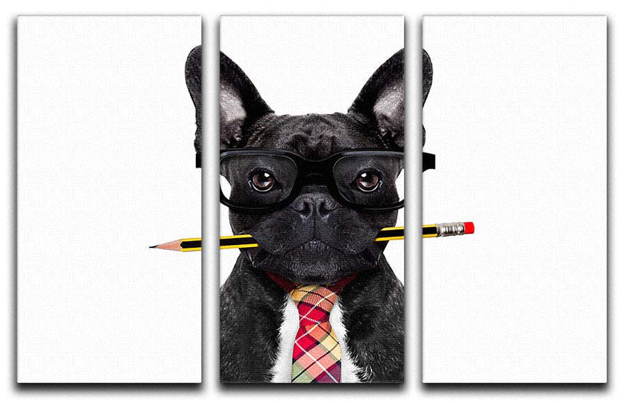 Three-panel canvas art featuring a French Bulldog dressed as a businessman holding a pen, ideal for office decor.