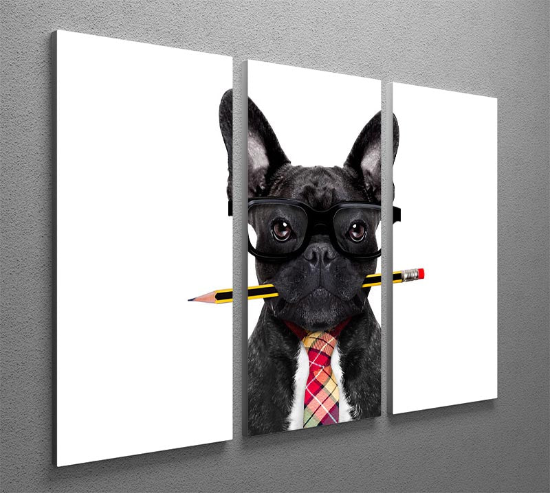 Three-panel canvas art featuring a French Bulldog dressed as a businessman holding a pen, ideal for office decor.