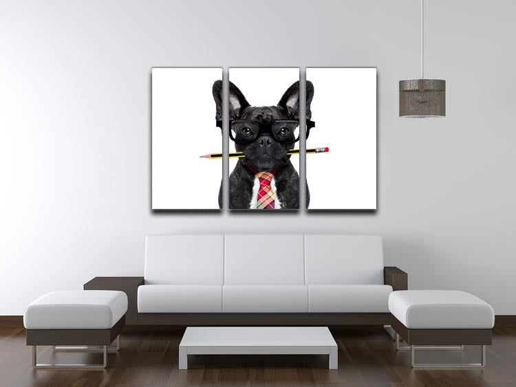 Three-panel canvas art featuring a French Bulldog dressed as a businessman holding a pen, ideal for office decor.