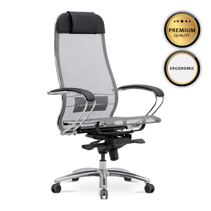 Ergonomic Office Chair CHEF in Grey and Black with chrome base and mesh fabric.