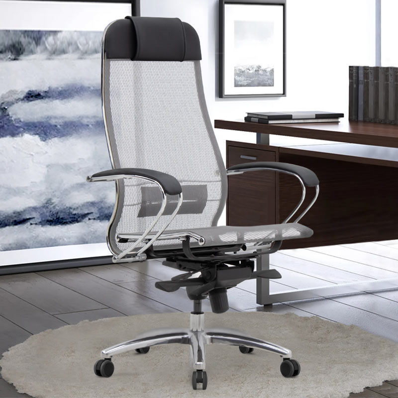 Ergonomic Office Chair CHEF in Grey and Black with chrome base and mesh fabric.