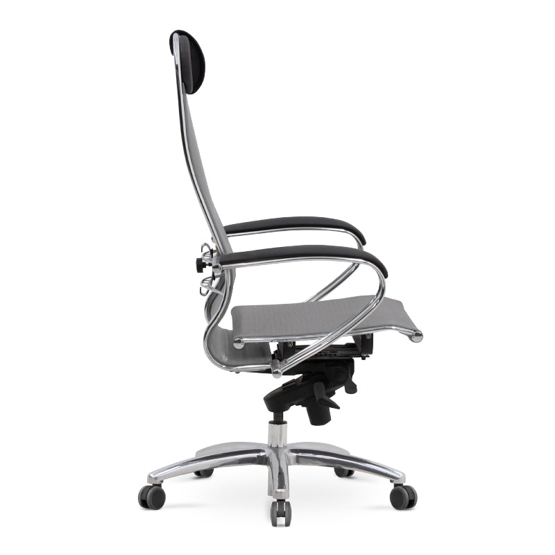 Ergonomic Office Chair CHEF in Grey and Black with chrome base and mesh fabric.