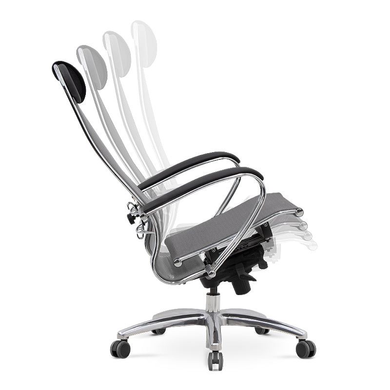 Ergonomic Office Chair CHEF in Grey and Black with chrome base and mesh fabric.