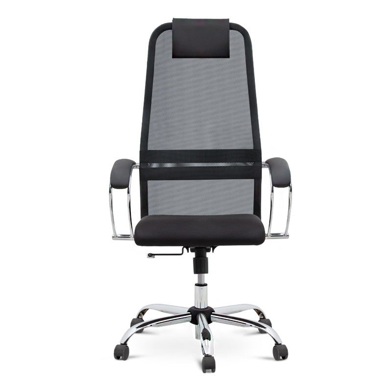 CLARISSA Office Chair in black mesh with ergonomic design, featuring a leather headrest and chrome steel base.