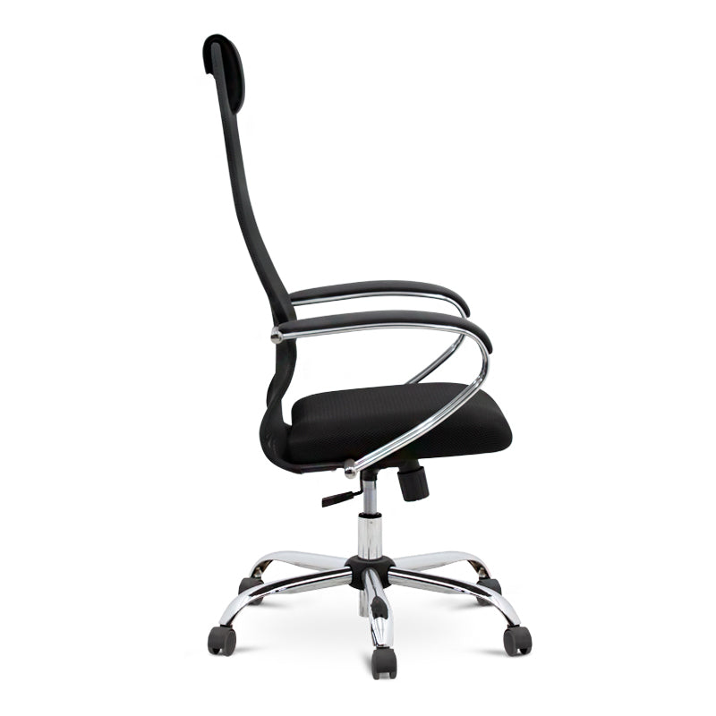 CLARISSA Office Chair in black mesh with ergonomic design, featuring a leather headrest and chrome steel base.