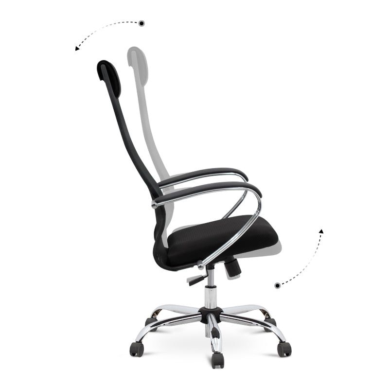 CLARISSA Office Chair in black mesh with ergonomic design, featuring a leather headrest and chrome steel base.