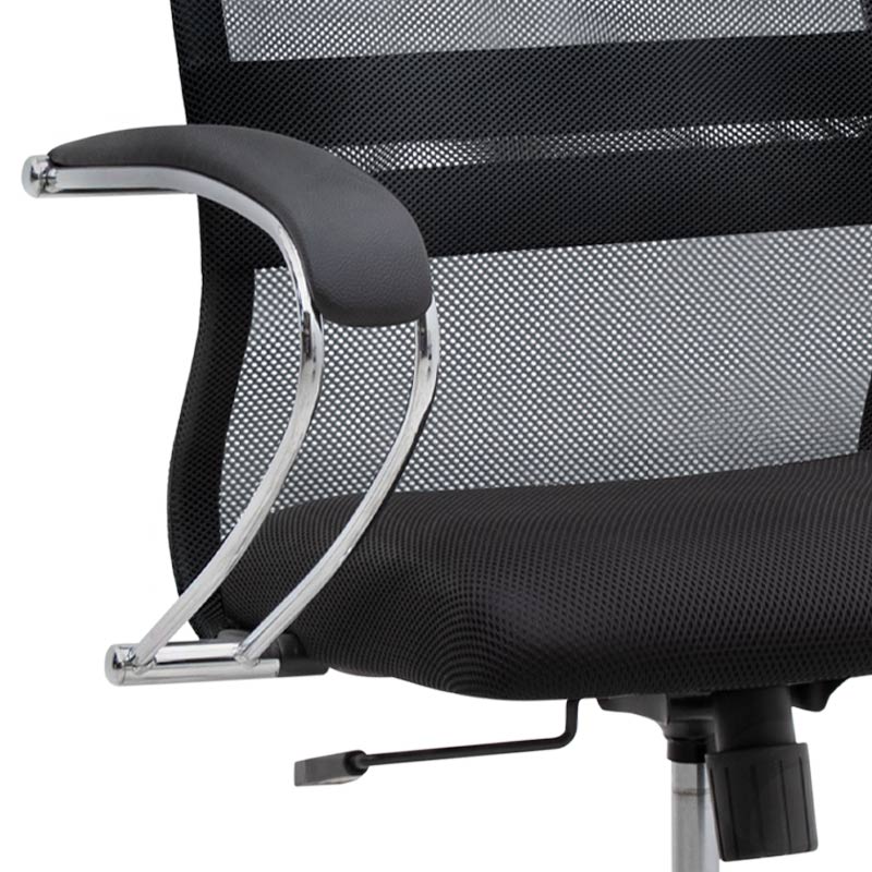 CLARISSA Office Chair in black mesh with ergonomic design, featuring a leather headrest and chrome steel base.