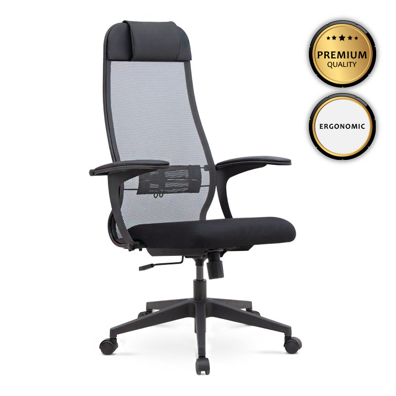 Ergonomic Office Chair JUSTIN in black and grey with a soft leather headrest and adjustable features, perfect for home or office use.
