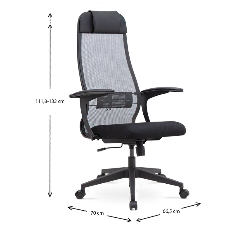Ergonomic Office Chair JUSTIN in black and grey with a soft leather headrest and adjustable features, perfect for home or office use.