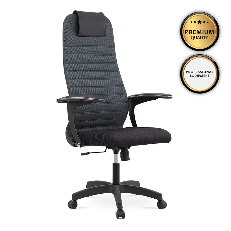Office Chair MASTER in grey and black with ergonomic design, leather headrest, and double Mesh fabric, suitable for home and professional use.