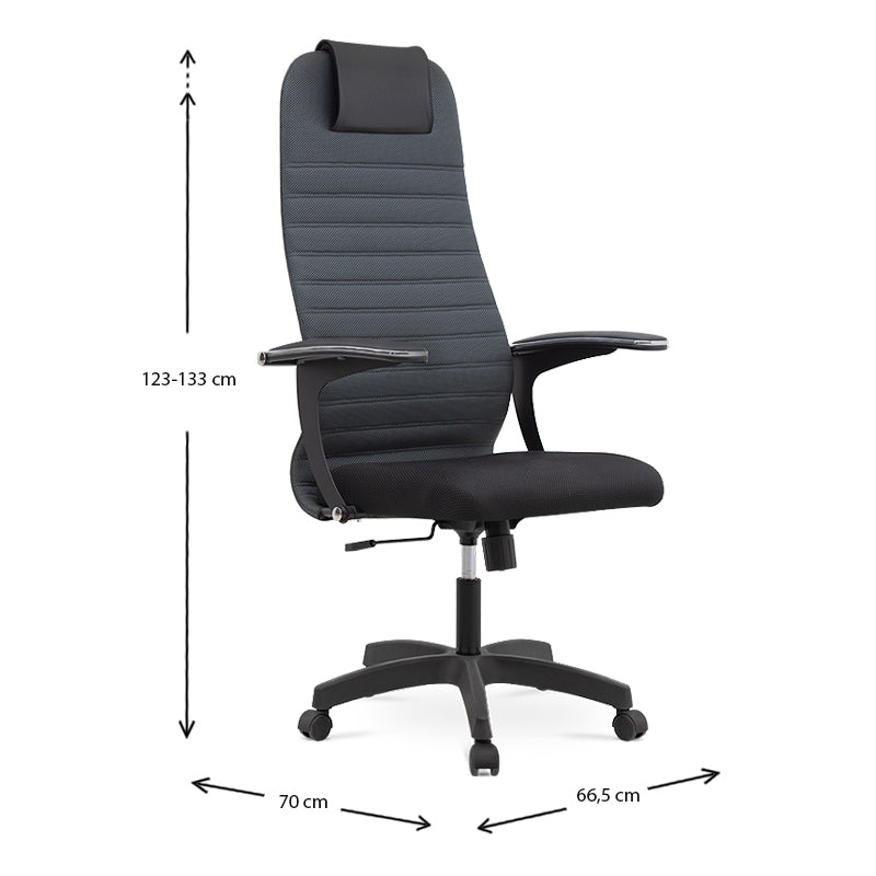 Office Chair MASTER in grey and black with ergonomic design, leather headrest, and double Mesh fabric, suitable for home and professional use.