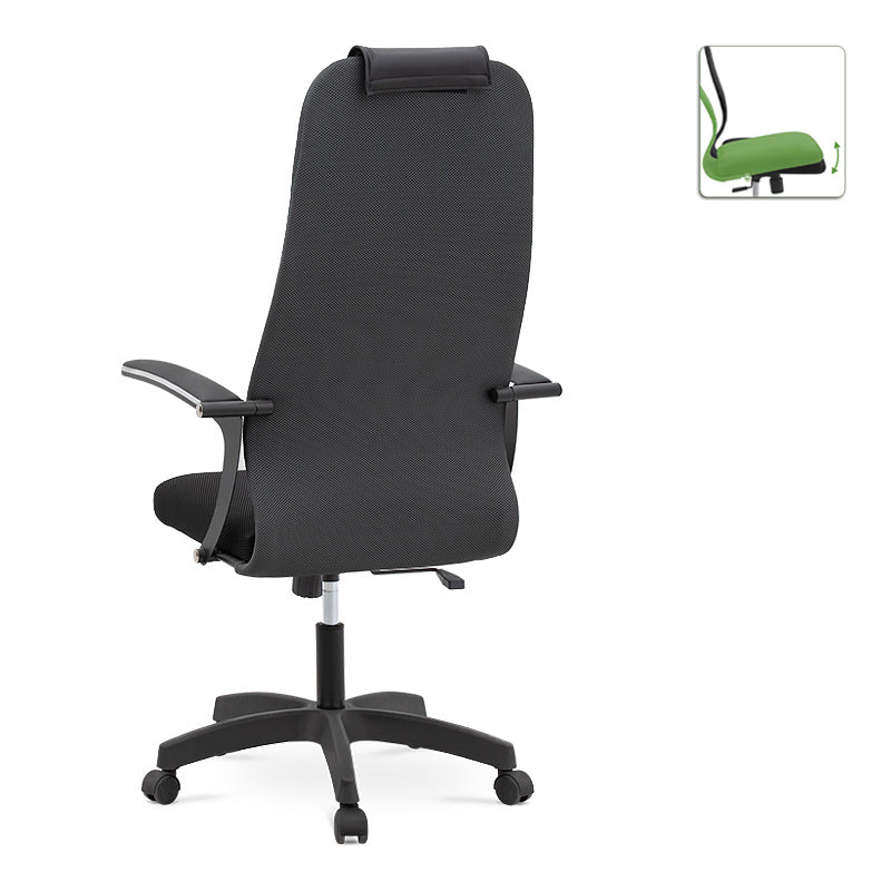 Office Chair MASTER in grey and black with ergonomic design, leather headrest, and double Mesh fabric, suitable for home and professional use.
