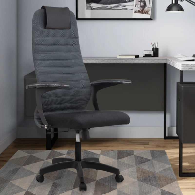 Office Chair MASTER in grey and black with ergonomic design, leather headrest, and double Mesh fabric, suitable for home and professional use.
