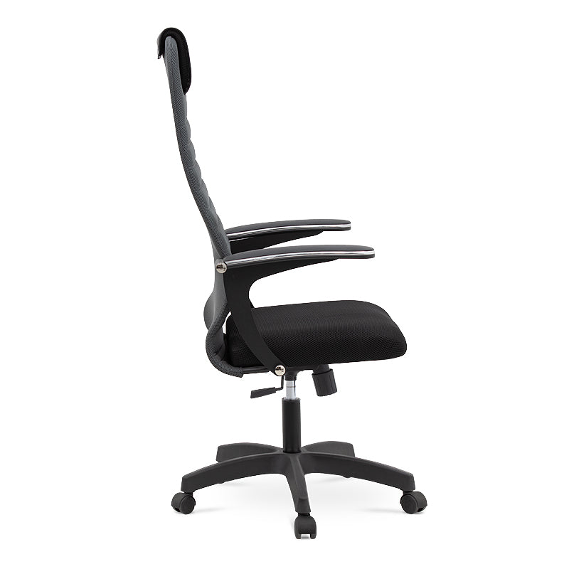 Office Chair MASTER in grey and black with ergonomic design, leather headrest, and double Mesh fabric, suitable for home and professional use.