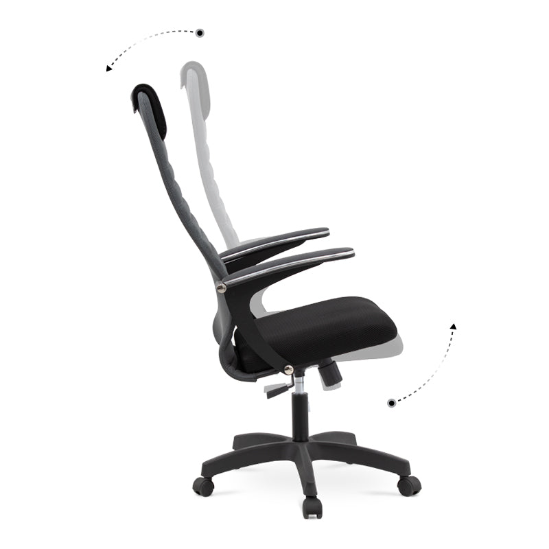 Office Chair MASTER in grey and black with ergonomic design, leather headrest, and double Mesh fabric, suitable for home and professional use.