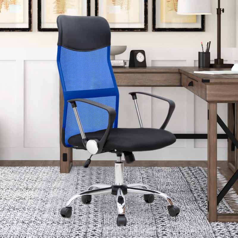 Office Chair MICHA in blue and black mesh fabric, featuring ergonomic design and adjustable height, suitable for home and professional use.