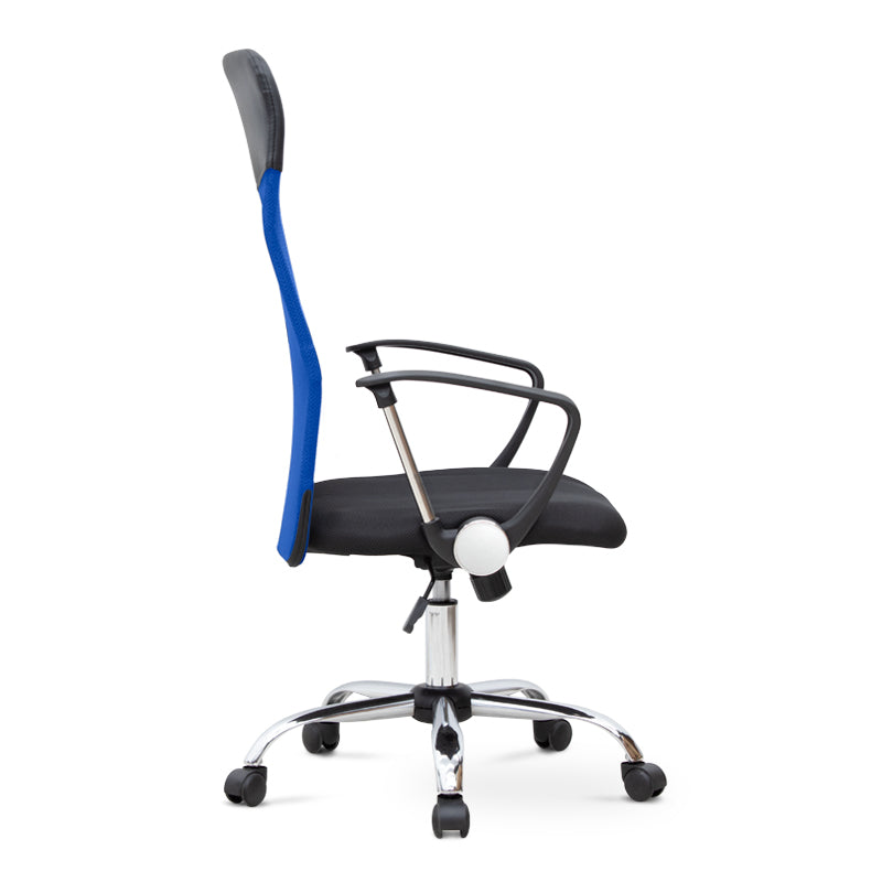 Office Chair MICHA in blue and black mesh fabric, featuring ergonomic design and adjustable height, suitable for home and professional use.