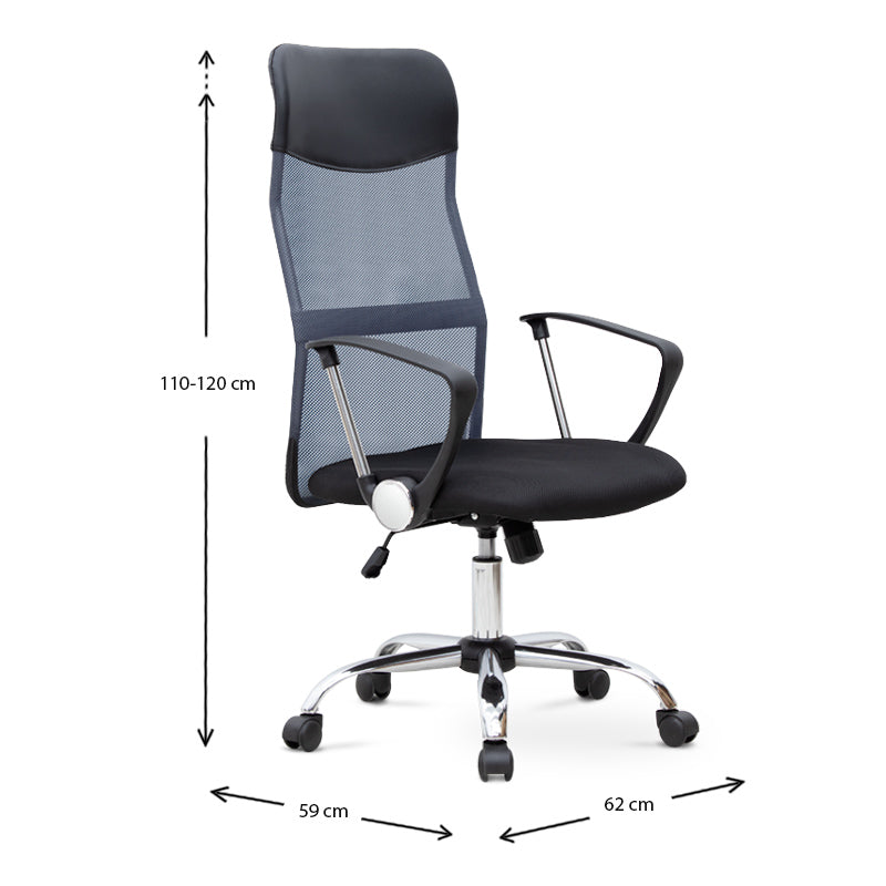 Office Chair MICHA in grey and black mesh fabric, showcasing ergonomic design and adjustable features.
