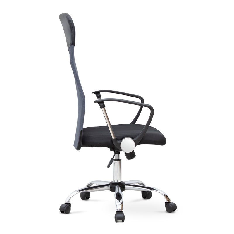 Office Chair MICHA in grey and black mesh fabric, showcasing ergonomic design and adjustable features.