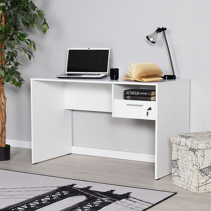 Office CHARLY White desk with dimensions 120x60x75cm, featuring a locking drawer and shelf, made of durable melamine.