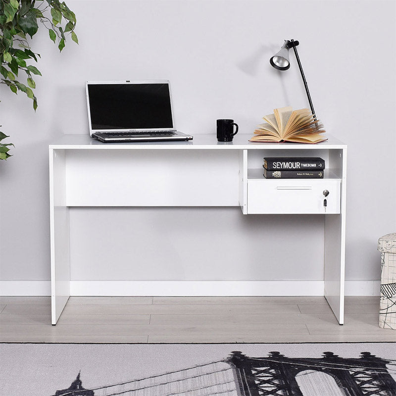 Office CHARLY White desk with dimensions 120x60x75cm, featuring a locking drawer and shelf, made of durable melamine.