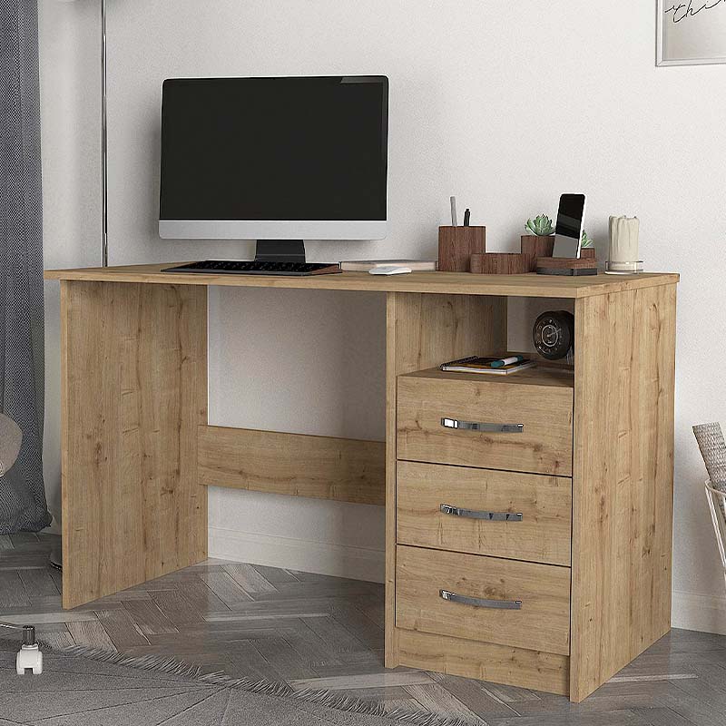 CAMINO Office Desk in sapphire oak finish with three drawers and one shelf, dimensions 120x60x75 cm.