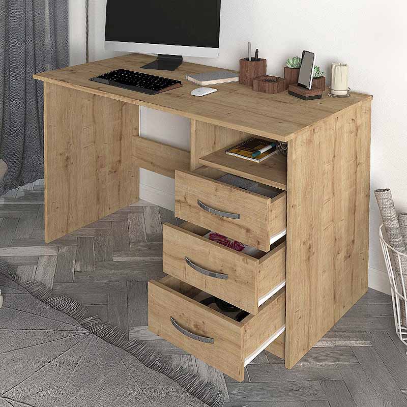 CAMINO Office Desk in sapphire oak finish with three drawers and one shelf, dimensions 120x60x75 cm.