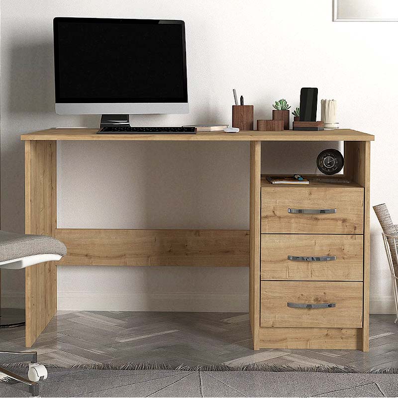 CAMINO Office Desk in sapphire oak finish with three drawers and one shelf, dimensions 120x60x75 cm.